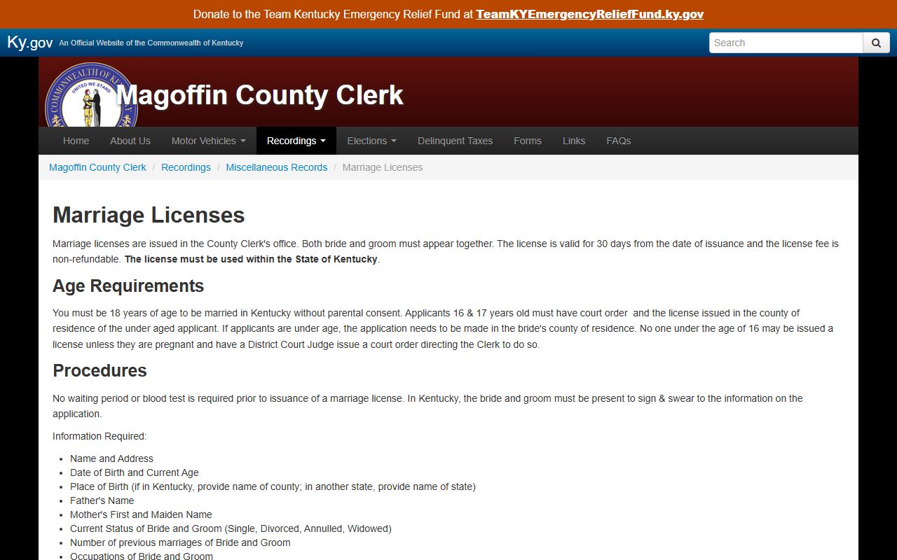 Magoffin County Circuit Court Clerk records and marriage license routing